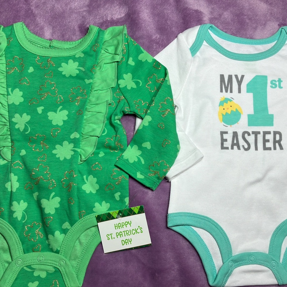 3-6m St. Patrick’s Clover & 1st Easter SET NEW Bodysuits